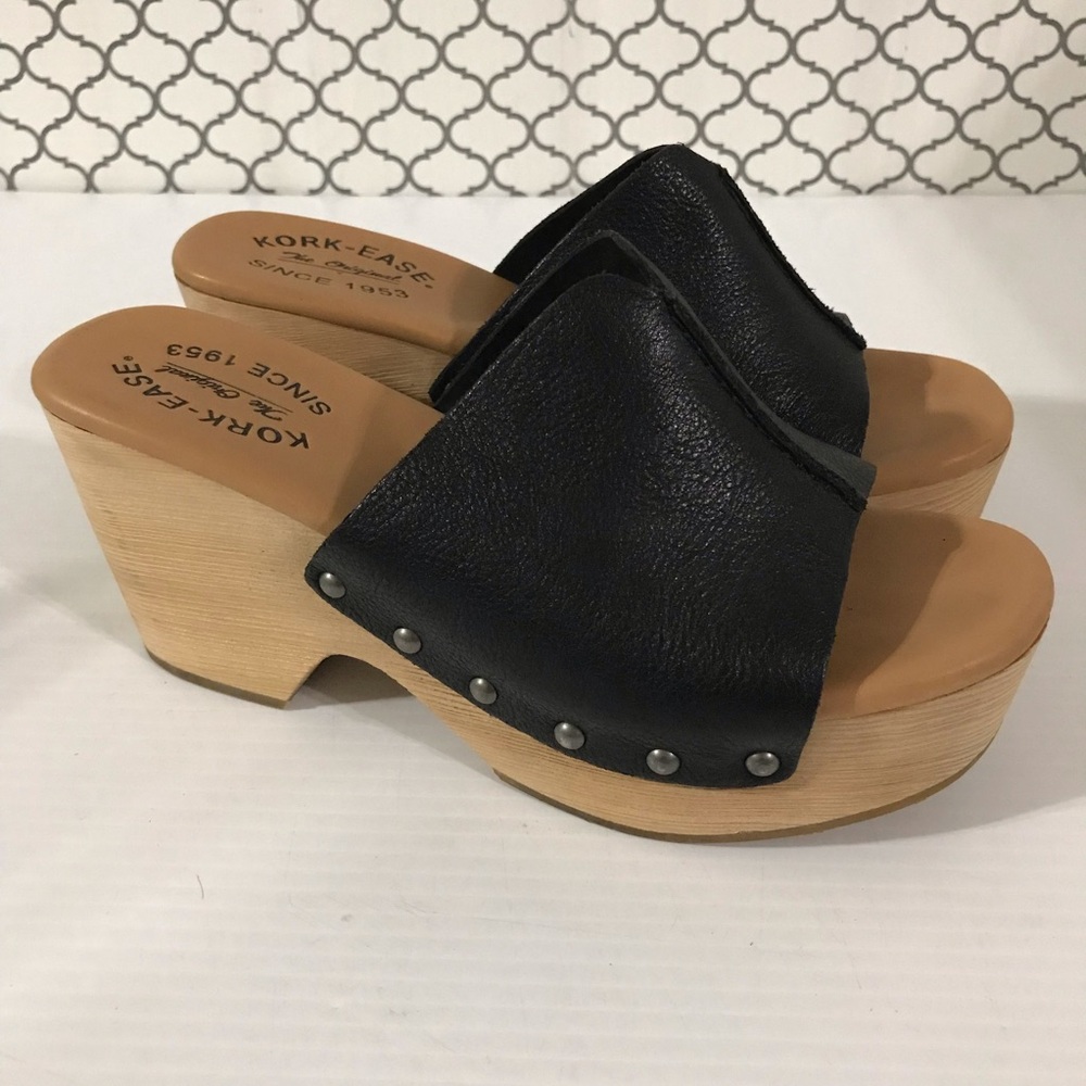 Kork-Ease Black Leather Wooden Platform Sandals Size 7M